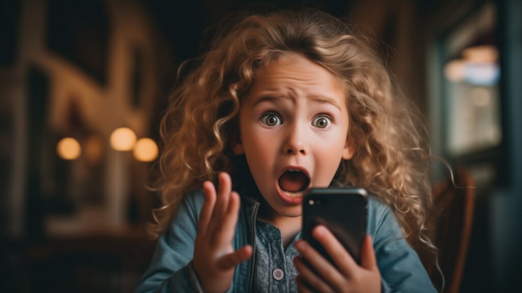 A young girl with a shocked expression looks at her smartphone. The ambient lighting and her animated response suggest she is experiencing something unexpected or engaging, vivid reactions technology